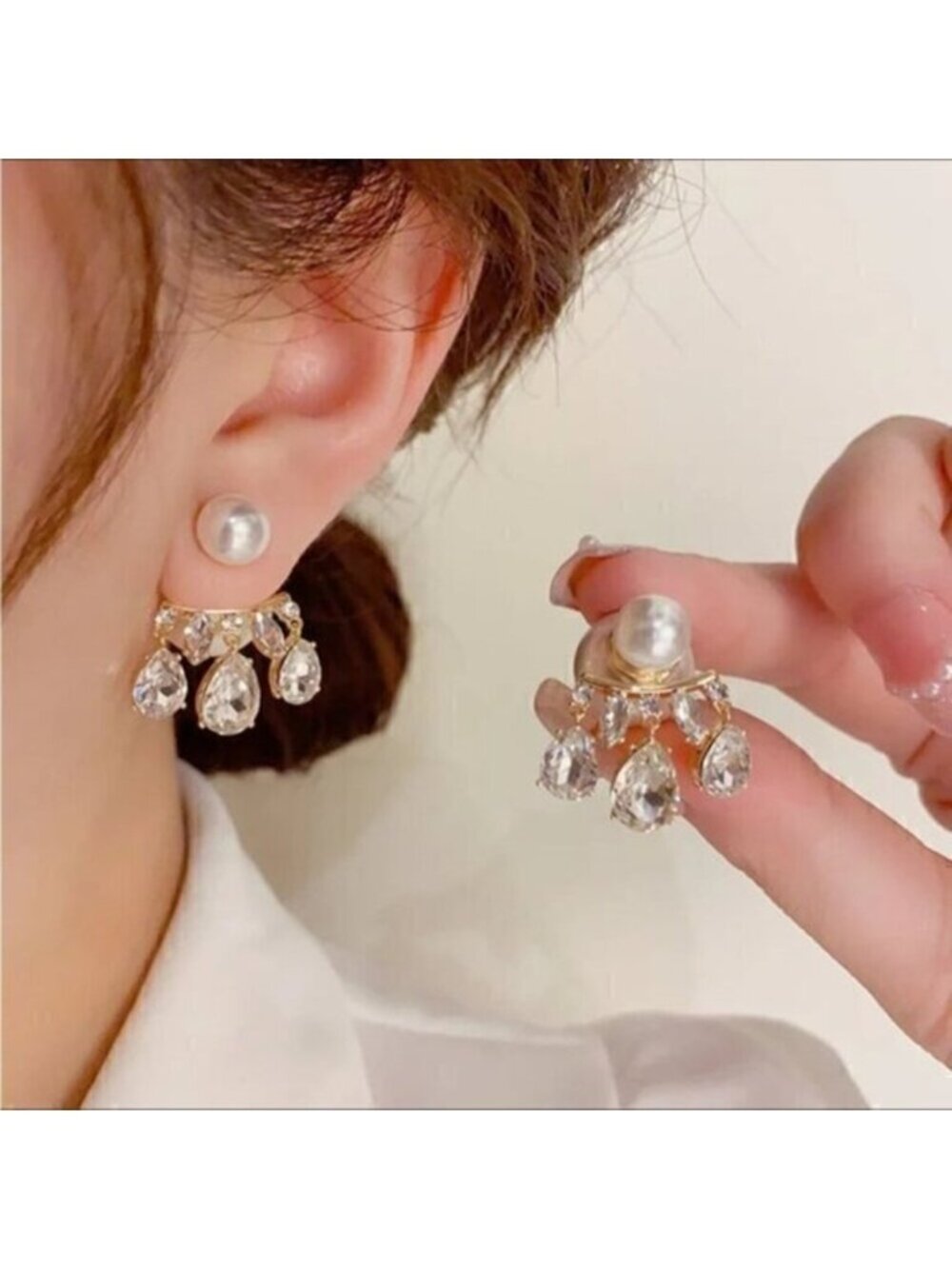 French Pearl Tier Tassel Stud Crystal Rhinestone White Gold Earrings
